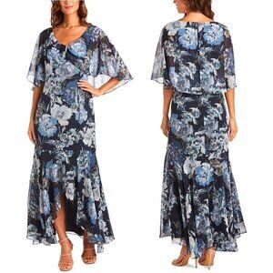 R&M Richards Size 8P 8 Navy Blue Floral High Low Chiffon Dress Evening Formal